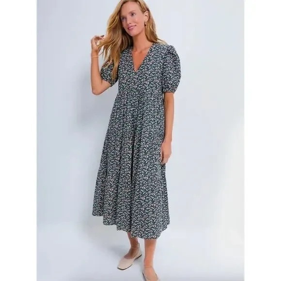 Tuckernuck Dresses & Skirts - Hyacinth House Tuckernuck Green Floral Tiered Midi‎ Dress Puff Sleeve V-Neck XS